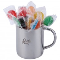 Assorted Colour Lollipops in Double Wall Stainless Steel Barrel Mug